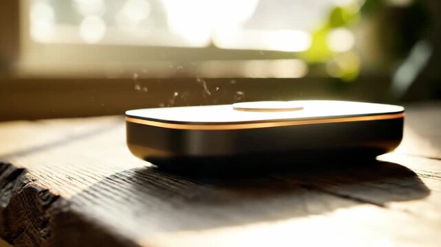 Modern smart speaker on rustic wooden tabletop.