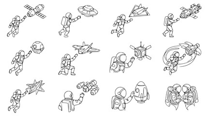 Fototapeta premium Astronauts in Space: Exploring Planets, Rockets, UFOs, and Satellites - Hand-drawn Style