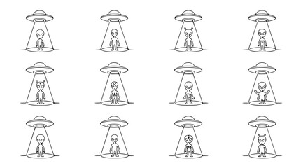Cartoon Aliens Abducted By UFOs, Set Of 12 Different Extraterrestrial Characters © Petrik
