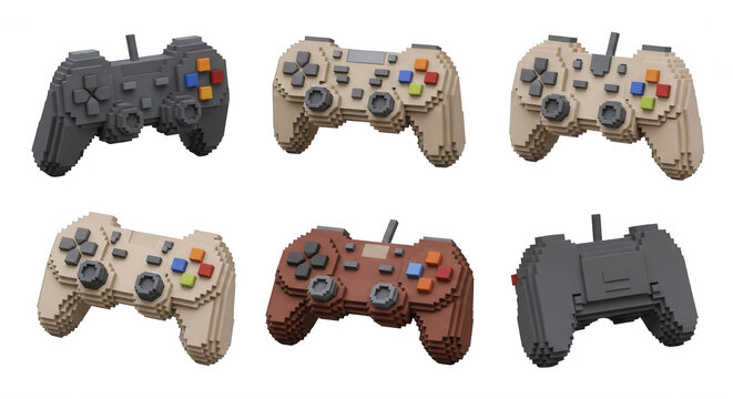 six colorful pixelated game controllers isolated on white digital recreation for gaming hobbyists