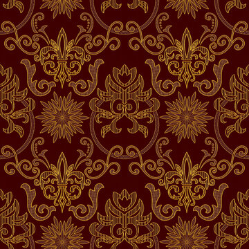 Detailed ornamental damask pattern featuring golden floral filigree on deep red surface ornamental seamless filigree burgundy wallpaper background decorative repetitive classical