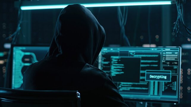 Hacker working on computer screens with coding and cybersecurity data technology