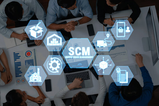 Supply Chain Management Team Collaboration with Digital Icons and Charts Representing Logistics, Analytics, and Process Optimization in Modern Business Environment Fluxor.