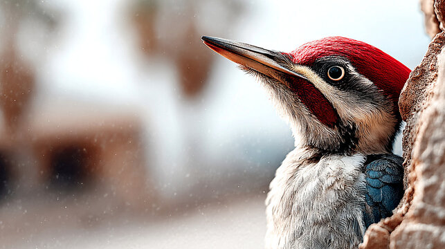 Side view portrait of red-headed sapsucker woodpecker resting on rough tree bark
