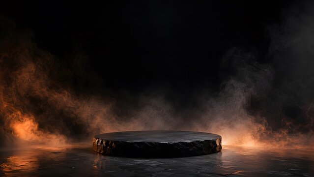 Dark circular stone podium centerpiece featuring rugged natural textures with glowing orange smoke effects in a moody atmosphere perfect for high end product display photography scenes