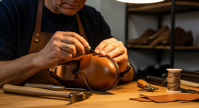 Professional Shoemaker Working on Handmade Leather Shoe in Traditional Workshop with Craftsmanship Tools and Authentic Environment Details