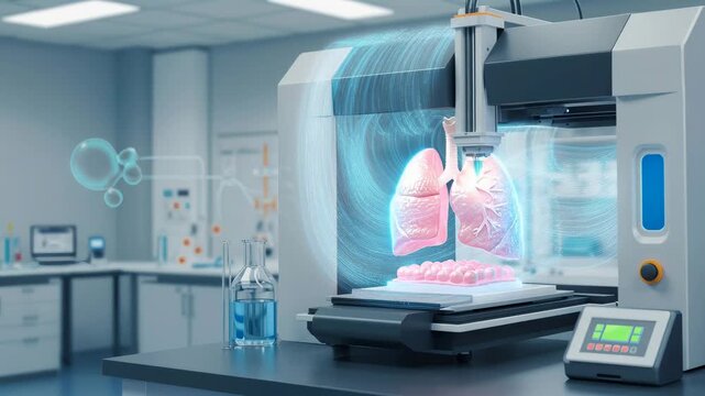 Bioengineer utilizing a medical 3d printer for printing human lungs in laboratory. Innovative biotechnology for organ recreation and advanced medicine research.