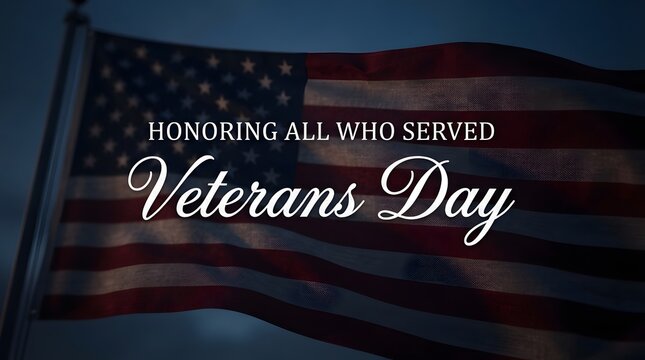 American flag waving in the wind with text honoring all who served for veterans day celebration