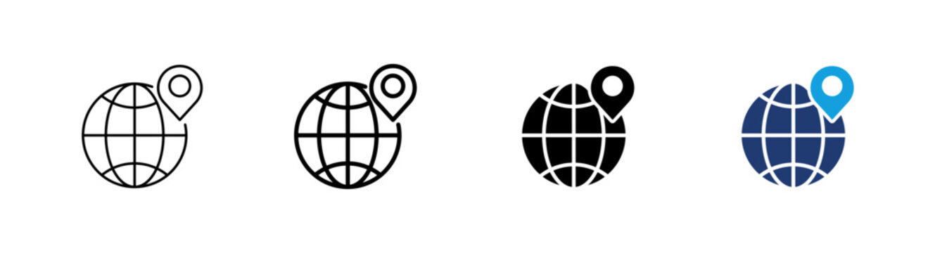 Global location icon. World map symbol. Simple pictogram for international locations, global navigation, travel destinations, worldwide services and geographic positioning