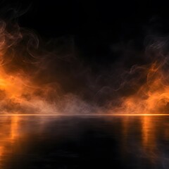 Fototapeta premium Glowing orange fire smoke swirls over dark reflective liquid surface creating an intense dramatic atmosphere with vibrant golden light rays captured in this high contrast composition.
