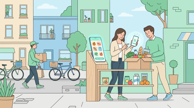 Online Grocery Shopping Delivery App Scene - People Receiving Order