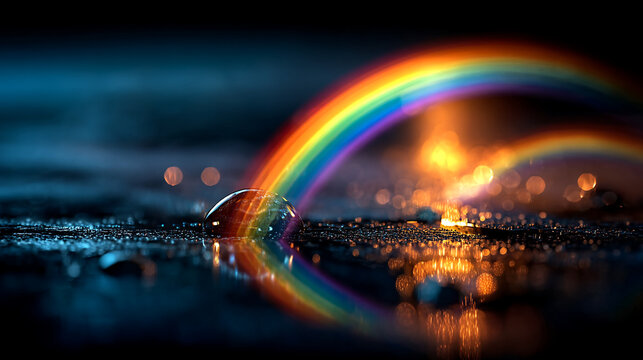 Colorful rainbow arches over a dark reflective wet city street at night with reflection