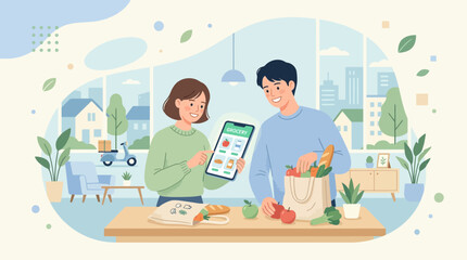 Fototapeta premium Couple Ordering Groceries Online with Tablet, Fresh Food Delivery