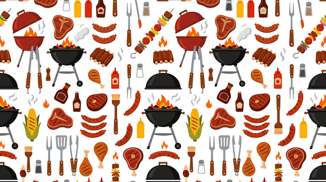 Barbecue seamless pattern with grilled meat sausage and grill tools on white