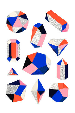 カラフルでポップな幾何学模様のクリスタルと宝石のイラスト素材セット Colorful pop geometric pattern crystals and gems illustration set