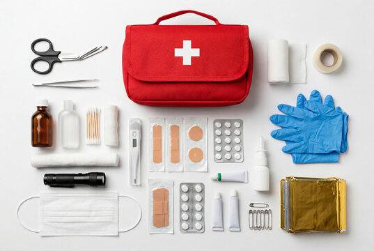 A red first aid bag and various medical supplies arranged neatly on a white background