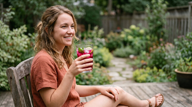 Woman enjoying a refreshing drink in a lush garden setting