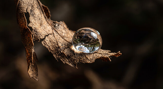 Macro shot of a clear water droplet resting on a dry brown textured leaf
