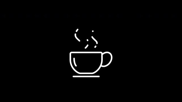 Animation of a simple white coffee cup outline steaming minimalist beverage.