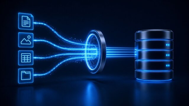 Futuristic Digital Big Data Transfer Concept with Glowing Information Streams and Database Server