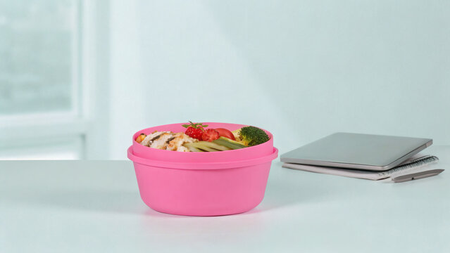 Fresh mixed salad in pink bowl with laptop and notebook on white desk for healthy work lifestyle