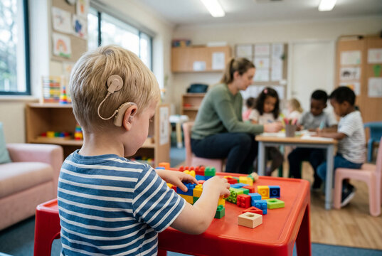 Young boy wearing a cochlear implant plays with building blocks in a bright classroom