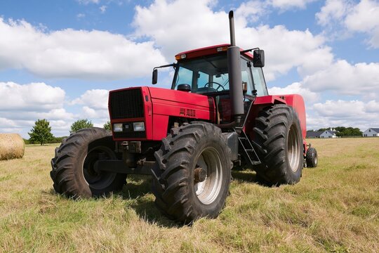Tractor pulling a baler in a golden agriculture field during summer farm harvest
