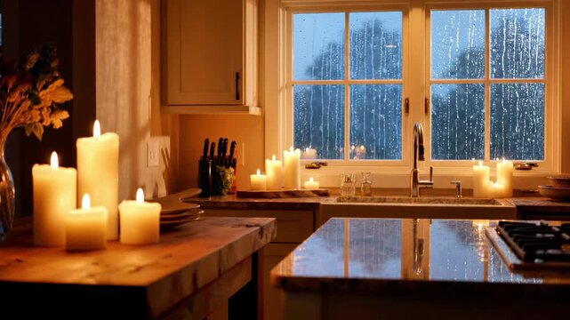 Multiple burning candles on rustic kitchen counter near rain.