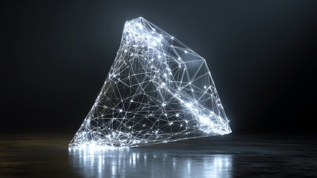 minimal diamond-shaped paraboloid made from transparent wireframe and luminous connection points, digital geometry art