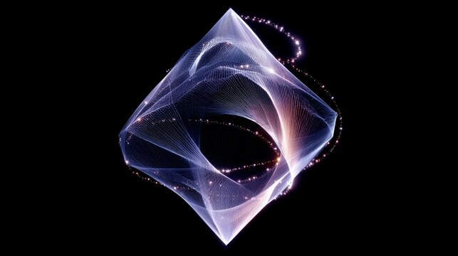 minimal diamond-shaped paraboloid made from transparent wireframe and luminous connection points, digital geometry art