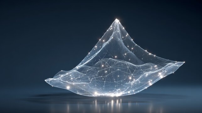 minimal diamond-shaped paraboloid made from transparent wireframe and luminous connection points, digital geometry art