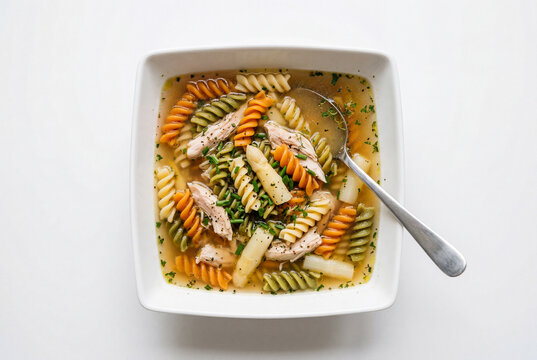 Square white ceramic bowl filled with a comforting serving of rotini pasta soup and fresh herbs