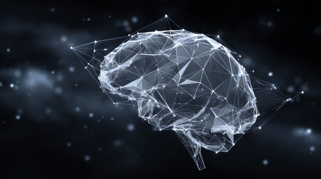 stylized digital brain formed with triangular mesh and networked lines, resembling neural activity in abstract space