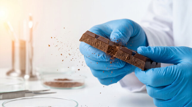 Scientist in blue gloves breaking a piece of dark chocolate in a laboratory setting