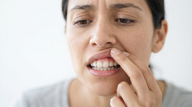 Closeup of a woman checking her gums and teeth in front of a mirror, concerned about oral health, dental care, and gum inflammation