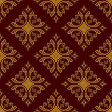 Seamless decorative pattern with golden ornate scrolls and diamond grid on dark red seamless burgundy background geometric wallpaper decorative ornament symmetry
