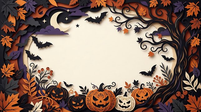 Halloween Paper Cut Frame with Pumpkins Bats and Autumn Leaves
