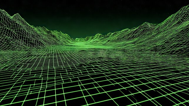perspective vector mesh with transparent grid, evoking computer-generated terrain in a sterile digital environment