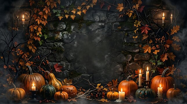 Atmospheric Halloween Background with Pumpkins and Glowing Candles