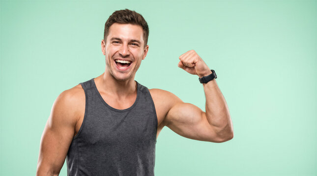 Happy athletic man flexing his arm muscles and smiling at the camera, isolated on a light green background