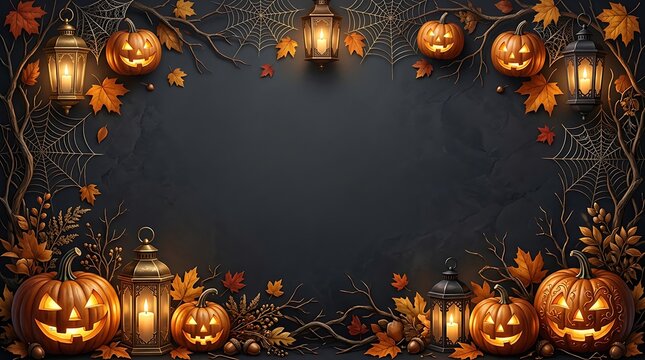 Spooky Halloween Frame with Jack O Lanterns and Glowing Lanterns