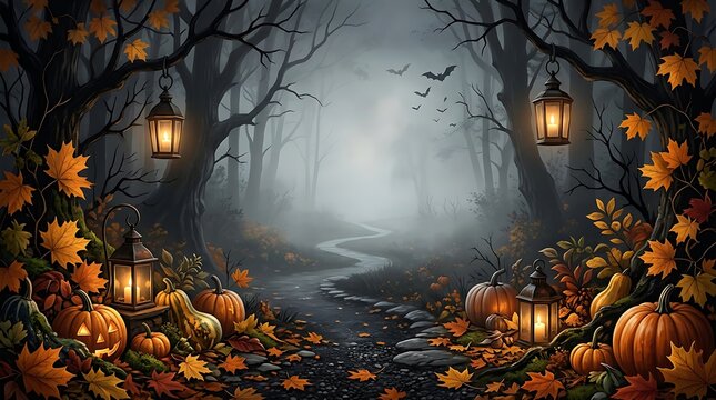 Spooky Halloween Forest Path with Glowing Pumpkins and Lanterns
