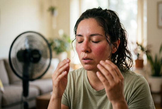 Sweaty young woman cooling down in front of fan during summer season heatwave