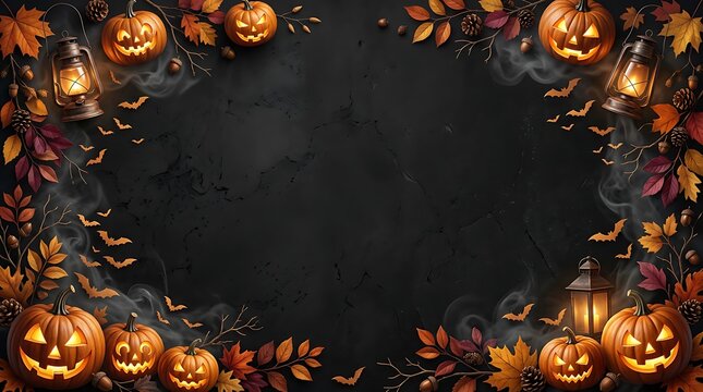 Spooky Halloween Background with Glowing Pumpkins and Copy Space