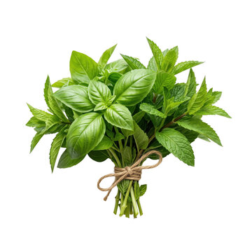Fresh basil and mint herb bundle. Aromatic green leaves isolated on white background.