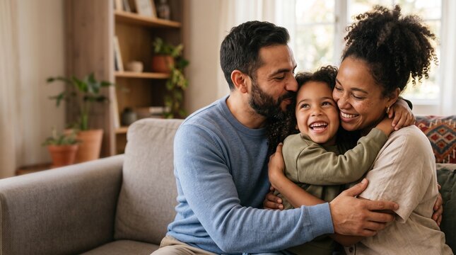 Joyful Family Embrace: A tender moment captured as parents share a warm embrace with their child on a comfortable sofa, surrounded by the cozy atmosphere of home, radiating love and belonging.