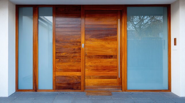 Modern wooden doorway with glass panels and neutral background