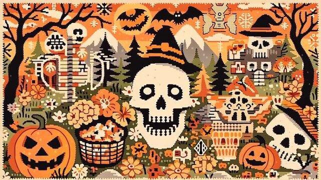 Halloween pattern with pumpkins skulls flowers and autumn forest decorations