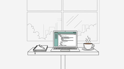 Obraz premium Cozy home office setup with laptop, notebook, and coffee by the window