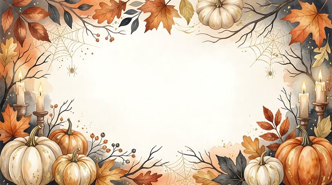 Watercolor Halloween Autumn Frame with Pumpkins and Leaves